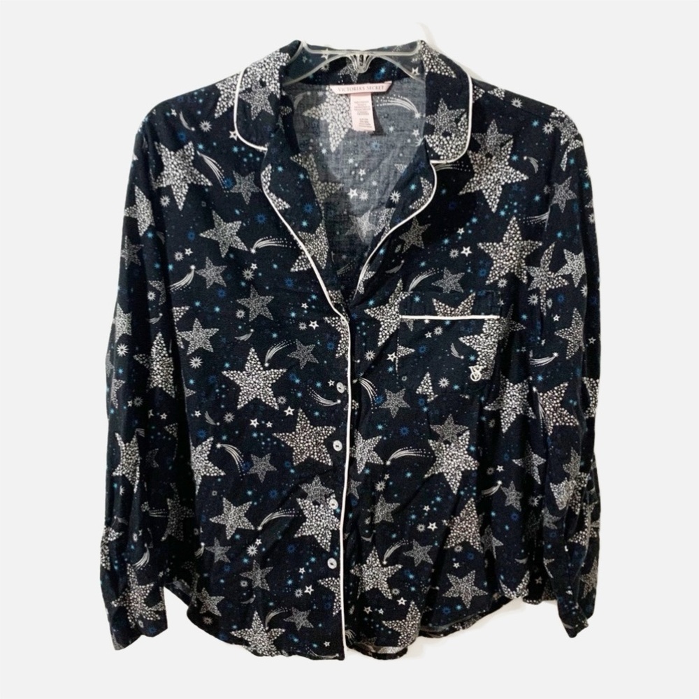 Victoria Secrets Flannel Button Up Stars ⭐️ ⭐️ Pajama Top Notched Lapel Trims